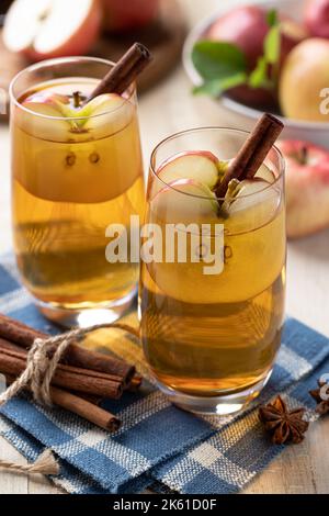 Zwei Gläser Apfelwein mit in Scheiben geschnittenen Äpfeln und Zimtstangen auf einem Holztisch mit frischen Äpfeln im Hintergrund Stockfoto