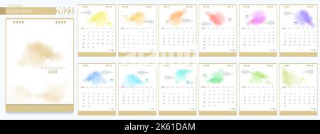 Kalender 2023-Vorlagen. 12 Monate, einfacher vertikaler Monatskalender Corporate Design Layout in Englisch. Die Woche beginnt ab Sonntag. 3D Vektor isoliert i Stock Vektor