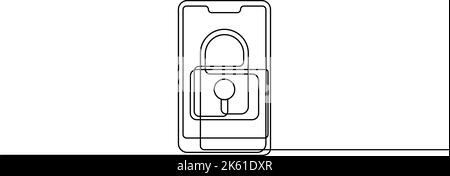 Fortlaufende Linienzeichnung des Smartphones mit Sicherheitssperre auf dem Bildschirm. Vektorgrafik Stock Vektor