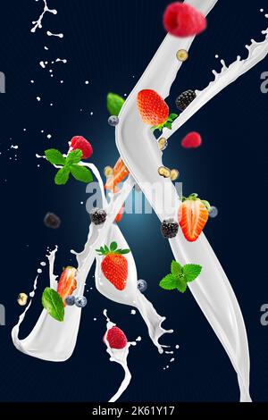 Frische Erdbeeren fallen, um einen leckeren Erdbeer-Smoothie zu machen. Dunkler Hintergrund. Stockfoto