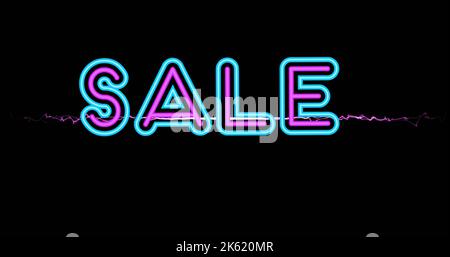 Abbildung: Mehrfarbiger Verkaufstext mit Schallwelle vor schwarzem Hintergrund, Kopierbereich Stockfoto