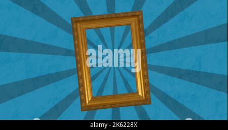 Composite aus Holzbilderrahmen über Sonnenstrahlen auf blauem Hintergrund, Kopierraum Stockfoto