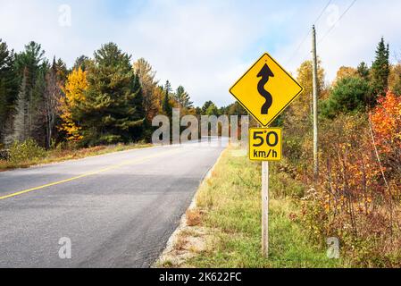 Warnschild an einem sonnigen Herbsttag entlang einer kurvenreichen Waldstraße. Wunderschöne Herbstfarben. Stockfoto