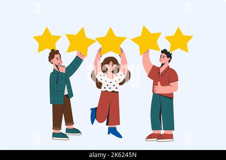 Menschen, die Goldsterne halten und positive Bewertungen hinterlassen. Kundenfeedback-Konzept. Bewertung der Kundenzufriedenheit, Meinung über den Service oder das Produkt. Auswertung und Qualitätsrate flache Vektordarstellung. Stock Vektor