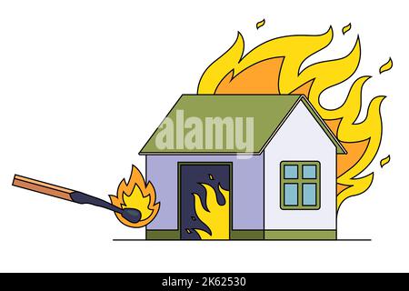 Feuer auf das Gebäude mit Streichhölzern. Speziell Feuer auf ein Privathaus. Flache Vektor-Illustration. Stock Vektor