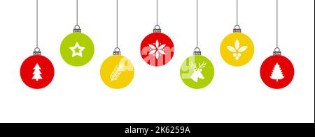 Weihnachtskugeln hängen bunte Ornamente. Vektorgrafik Stock Vektor