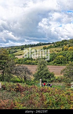 Eine Gruppe älterer Wanderer, die an einem Herbsttag in der Nähe von Dorking England am Samuel Wilberforce Memorial in Abinger Roughs in den Surrey Hills stehen Stockfoto