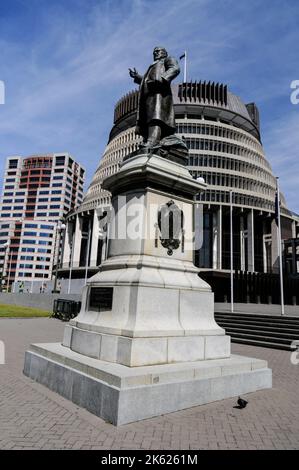 Statue von Neuseelands dienstältestem Minister für Grundierung, Richard John Seddon. Von 1893 bis 1906 war er Premierminister. Die Statue steht vor dem Stockfoto