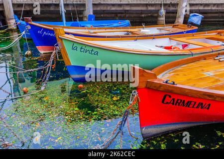 Alte und bunte Fischerboote im Hafen von Torbole am Gardasee, Trient, Italien Stockfoto