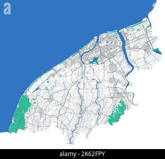 Niigata-Karte. Detaillierte Karte des Verwaltungsgebiets der Stadt Niigata. Stadtbild-Panorama. Lizenzfreie Vektorgrafik. Straßenkarte mit Autobahnen, Flüssen. Stock Vektor