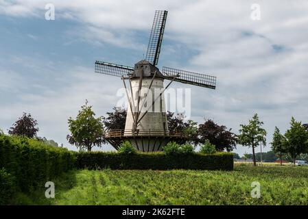 Wetteren, Region Ostflandern, Belgien - 07 15 2021 Belgische traditionelle Windmühle auf den Feldern Stockfoto Wetteren, Region Ostflandern, Belgien - 07 15 2021 Belgische traditionelle Windmühle auf den Feldern Stockfoto