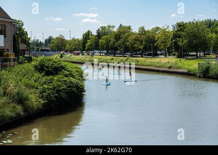 Deinze, Ostflämische Region, Belgien - 07 19 2021 Familienwasserrekreation im Fluss Lys Stockfoto