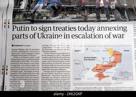 „Putin wird heute Verträge unterzeichnen, in denen Teile der Ukraine zur Eskalation des Krieges annektiert werden“, titelte Artikel der Zeitung Guardian vom 30. September 2022 London UK Stockfoto