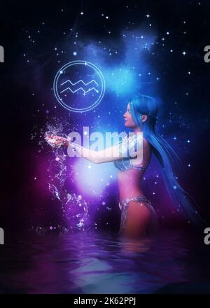 Fantasy-Mädchen mit blauen Haaren und spritzendem Wasser als Wassermann Tierkreiszeichen, 3D Illustration. Stockfoto