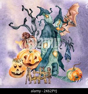 Niedlicher Halloween-Print mit Haunted House Aquarell-Illustration auf buntem Hintergrund. Kleine Hütte, Fledermaus, Spinne, Herbstpflanzen, Haken, Zaun, Kürbis ha Stockfoto