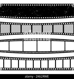 Geschwungene Filmstreifen-Kollektion im Retro-Stil. Alte grunge Kino Filmstreifen. Analoges Videoaufnahmematerial. Vektorgrafik Stock Vektor