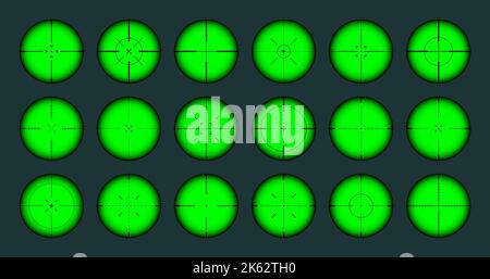 Verschiedene Waffen Nachtsicht, Scharfschützengewehr optische Scopes. Jagdgewehr-Sucher mit Fadenkreuz. Ziel, schießen Marke Symbol. Militärisches Zielschild Stock Vektor