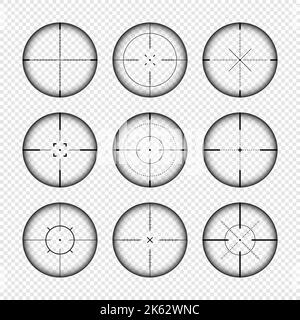 Verschiedene Waffenvisiere, Scharfschützengewehr optische Scopes. Jagdgewehr-Sucher mit Fadenkreuz. Ziel, schießen Marke Symbol. Militärisches Zielzeichen, Silhouette Stock Vektor