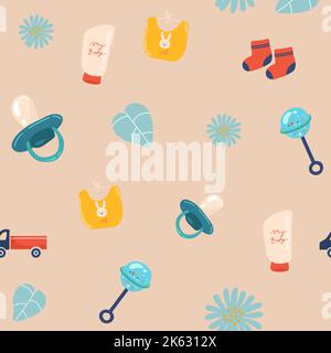 Sammlung von Baby-Spielzeug-Icons, Hand gezeichnet nahtlose Muster. Hintergrund mit Kinderwaren. Jungen Spielzeug Icon Set Vektor. Dekorative Illustration, gut für Stock Vektor