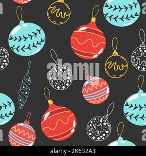 Weihnachtliche nahtlose Muster mit Kugeln, Kugeln, Zapfen, Schleifen blauen Hintergrund. Perfekt für Urlaubseinladungen, Winter-Grußkarten, Tapeten und Gif Stock Vektor