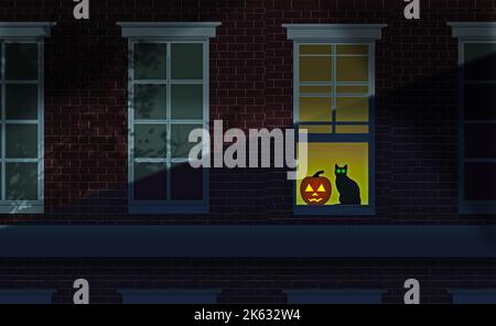 In der Abenddämmerung leuchtet eine Halloween-Jack-o-Laterne im Fenster eines gemauerten Wohnhauses. Neben dem Kürbis sitzt eine schwarze Katze, das ist eine 3-d-Illustration Stockfoto
