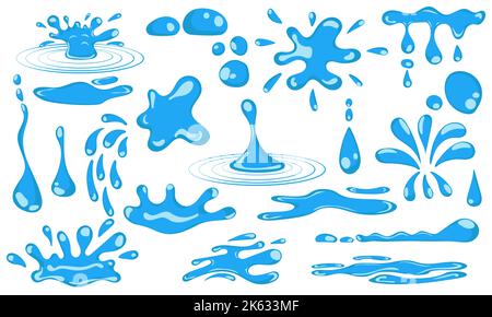 Set Cartoon blau tropfenden Wassertropfen und Flüssigkeit Symbol Sammlung. Form Wasser spritzt, fließt, fließt und tropft. Sauberes und frisches Aqua A Stock Vektor
