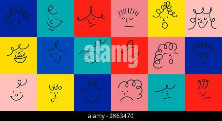 Emoticons mit unterschiedlichen Stimmungssymbole. Cartoon lustige bunte Gesicht der Zeichen, die Emotionen ausdrücken. Comic Heads Symbol in Linie Stil Sammlung vec Stock Vektor