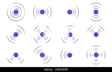 Echosonarwellen einstellen. Blaue Radarsymbole auf See und Ultraschallsignalreflektion. Symbol für die Erfassung Erkennen und Scannen von Vibrationen oder Wasser. Rund pulsierend Stock Vektor