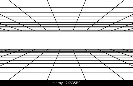 Perspektivischer Raum mit schwarzem Gitter. 3D linearer Boden und leeres Innenmaß. Virtuelles Studio Drahtmodell Design . Einfache Cyber-Raum Rahmen und geometr Stock Vektor