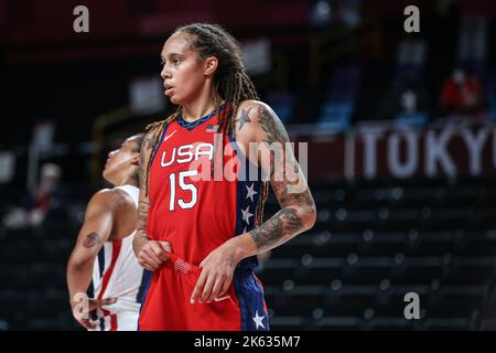 25.. JULI 2021 - SAITAMAN, JAPAN: Brittney GRINER #15 of United States während der Women Basketball Preliminary Round Group Ein Spiel zwischen den USA und Frankreich bei den Olympischen Spielen 2020 in Tokio (Foto: Mickael Chavet/RX) Stockfoto