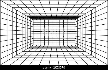 Perspektivischer Raum mit schwarzem Gitter. 3D linearer Boden und leeres Innenmaß. Virtuelles Studio Drahtmodell Design . Einfache Cyber-Raum Rahmen und geometr Stock Vektor