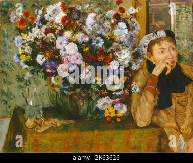 Frau, die neben einer Blumenvase sitzt, 1865, Gemälde von Edgar Degas Stockfoto