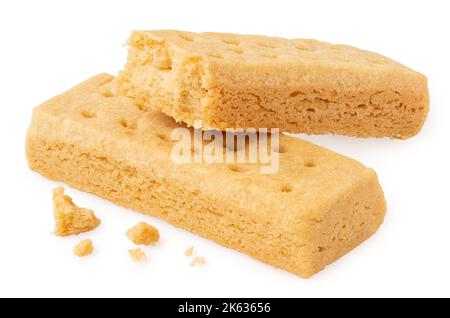 Zwei Buttergebäck mit Kurzbrot, auf Weiß isoliert. Man hat teilweise gegessen. Stockfoto