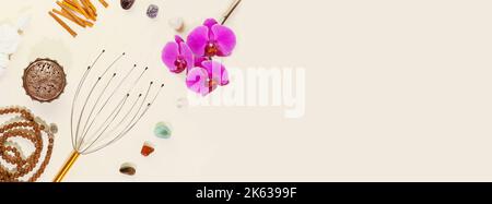 Self-Care, heilende banne mit Set zum Entspannen und Kopieren Raum Stockfoto