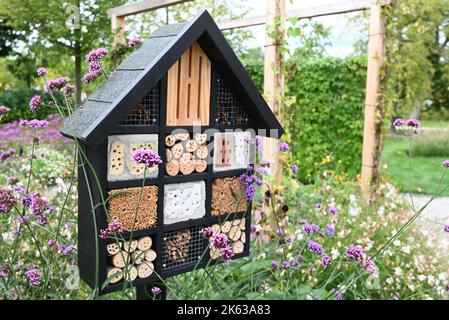 Dekoratives Insektenhaus mit Fächern und natürlichen Komponenten. Stockfoto