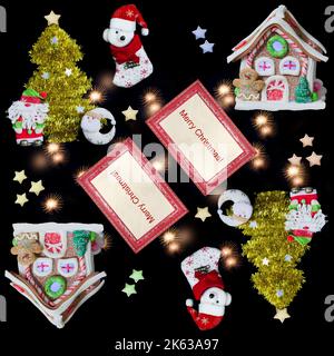 Nahtloses Muster mit gerahmten Grüßen und Weihnachtsdekorationen auf schwarzem Hintergrund Stockfoto