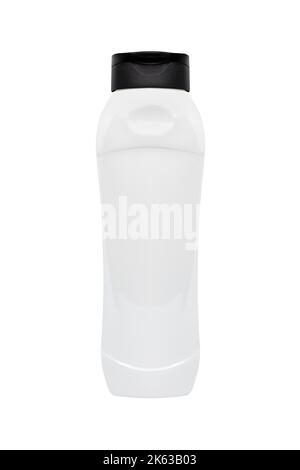 Weiße Plastikflasche für Mockup, flüssiger Behälter mit Deckel auf isoliertem weißem Hintergrund. Vorlage für Ihr Design. Stockfoto