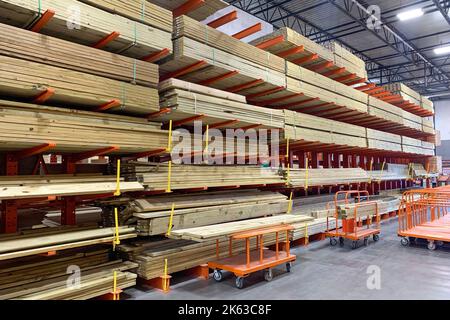 Lagerhaus mit verschiedenen Holzarten für Bau- und Reparaturarbeiten auf Paletten in Lagerregalen. Die Fabrik für die Herstellung von Laminat. Gestapeltes Holz Stockfoto