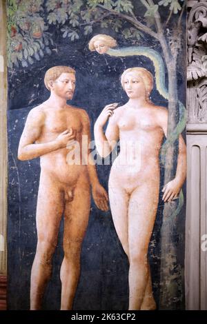 Die Versuchung von Adam und Eva durch Masolino da Panicale in der Brancacci Kapelle in der Kirche Santa Maria del Carmine Florenz Italien Stockfoto