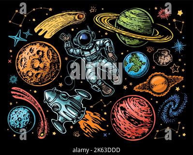 Weltraum mit Planeten, Kometen, Sternbildern und Sternen, Raumschiff und Astronaut. Astronomie, buntes Nachthimmel-Konzept Stock Vektor