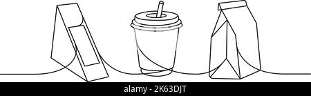 Satz von zu gehen Behälter eine Linie kontinuierliche Zeichnung. Leere Pappkartons, Beutel für Essen zum Mitnehmen durchgehende einzeilige Abbildung. Stock Vektor