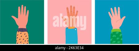 Erhobene Hände. Verschiedene Poster mit erhobenen Händen. Menschliche Arme mit zusammenragenden Accessoires. Stock Vektor