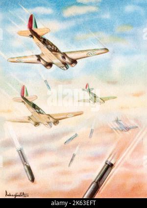 Postkarte der italienischen Propaganda während des Zweiten Weltkriegs, die eine Formation von Caproni 312 zeigt Stockfoto