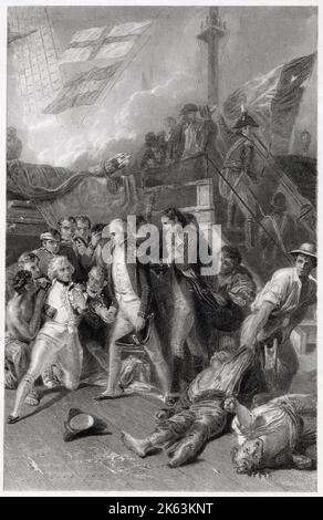 Horatio Nelson, 1. Viscount Nelson (1758 - 1805) wurde an Bord der Victory in der Schlacht von Trafalgar am 21. Oktober 1805 geschlagen und getötet. Stockfoto
