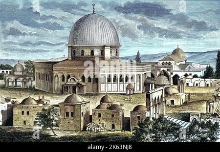 Al-Aqsa-Moschee und Felsendom, Jerusalem, Isarael/die Moschee El Aksa, al-Aqsa-Moschee, und Es Sakrah, Felsendom, Jerusalem, Israel, historisch, digital verbesserte Wiedergabe eines Originals aus dem 19. Jahrhundert / Digitale Produktion einer Originalvorlage aus dem 19. Jahrhundert. Jahrhunderts Stockfoto