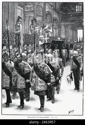 Das Staatsbegräbnis von Arthur Wellesley, dem 1. Herzog von Wellingtons Sarg, auf der Beerdigung in der St Paul's Cathedral, London. Stockfoto