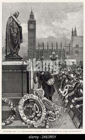 Primrose Day am Parliament Square, London. Jahrestag des Todes des britischen Staatsmanns und Premierministers Benjamin Disraeli, 1. Earl of Beaconsfield, der am 19. April 1881 starb.Disraeli war so populär, dass 1883 innerhalb der Konservativen eine Organisation gegründet wurde, die Primrose Liga genannt wurde, um seinem Tod zu gedenken. Die Primrose war seine Lieblingsblume, und Königin Victoria schickte ihm oft Bündel von ihnen aus dem Windsor und Osborne House. Stockfoto