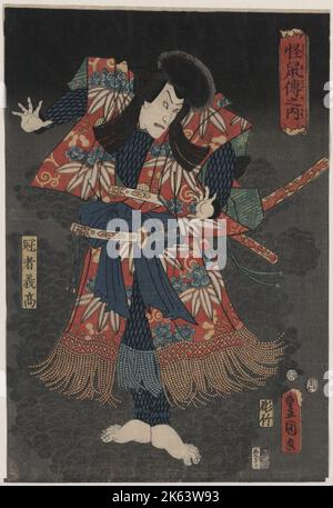 Ichikawa Danjuro VIII. In der Rolle von Kaja Yoshitaka. Porträt des Schauspielers Ichikawa Danj-ro VIII in einer Szene aus dem Stück Raigo ajari kaisoden. Datum 1854. Stockfoto