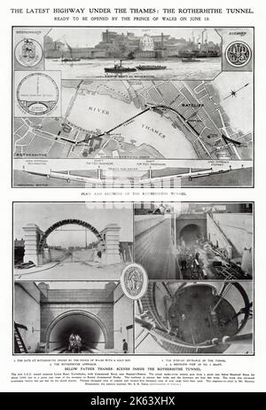 Diagrammplan, wo sich der neueste Straßentunnel unter der Themse, London, befindet, der Rotherhithe im Südwesten mit Limehouse im Nordosten verbindet. Auch Fotos vom Bau des Eingangs bei Rotherhithe und Stepney. Datum: 1908 Stockfoto