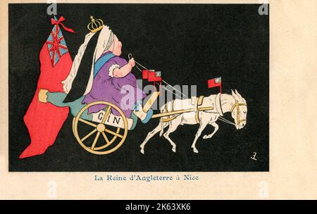 Queen Victoria in Nizza, Frankreich - ein eher (!) Respektlose französische satirische Karikatur des späten 19.. Jahrhunderts. Im Jahr 1882 begann Queen Victoria ihre Winterbeziehung mit der Cote dAzur, sie kam mit umfangreichen Speise- und Getränkevorräten, einer Vielzahl von Mitarbeitern, Highland-Soldaten und Abdul Karim, ihrem indischen Begleiter (sehr unbeliebt bei allen Bar der Königin selbst). Die Königin fuhr häufig heraus, entweder in einem Wagen oder in einem Wagen, der von 'Jacquot' gezogen wurde, einem Esel, den sie halb verhungert von einem Bauern gerettet hatte (wie auf dieser Karte gehäkelt) und den sie anschließend mit nach England nahm Stockfoto